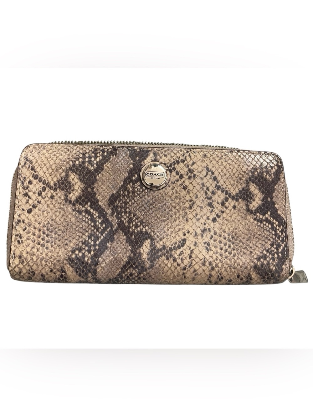 Coach Snakeskin-Print Zip Wallet in Beige and Brown